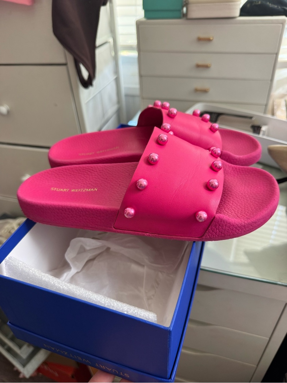Stuart Weitzman Superstud Beaded Pool Slide Sandals